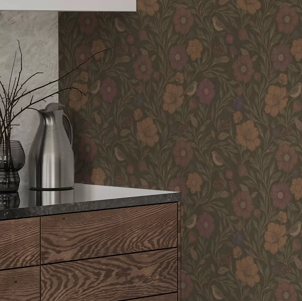 Bakgrund Höstblommor och fåglar på olivbrun bakgrund a00605