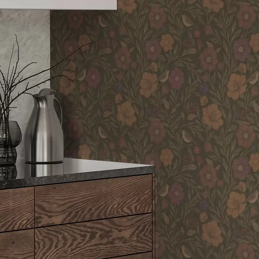 Fototapet Höstblommor och fåglar på olivbrun bakgrund a00605