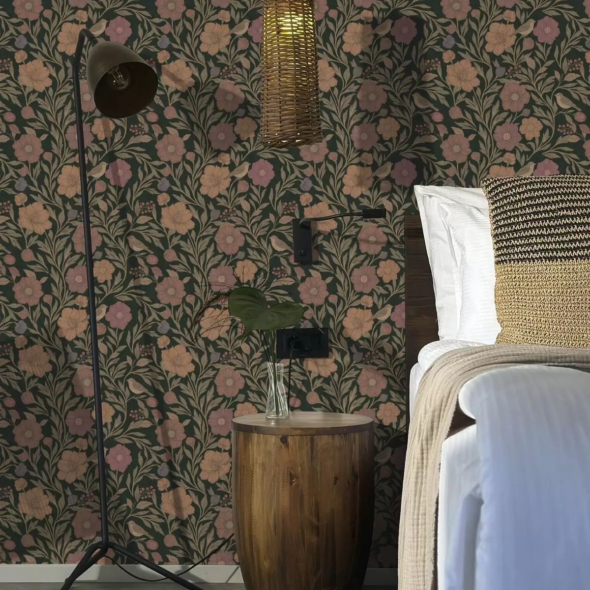 Bakgrund Höstblommor och fåglar på djup smaragdgrön bakgrund a00605v1