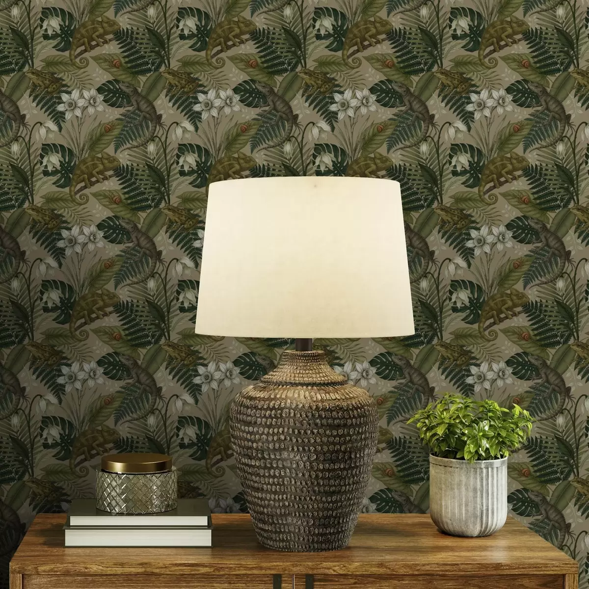 Bakgrund Kameleonter och tropiska blad, vita blommor, beige bakgrund a00608