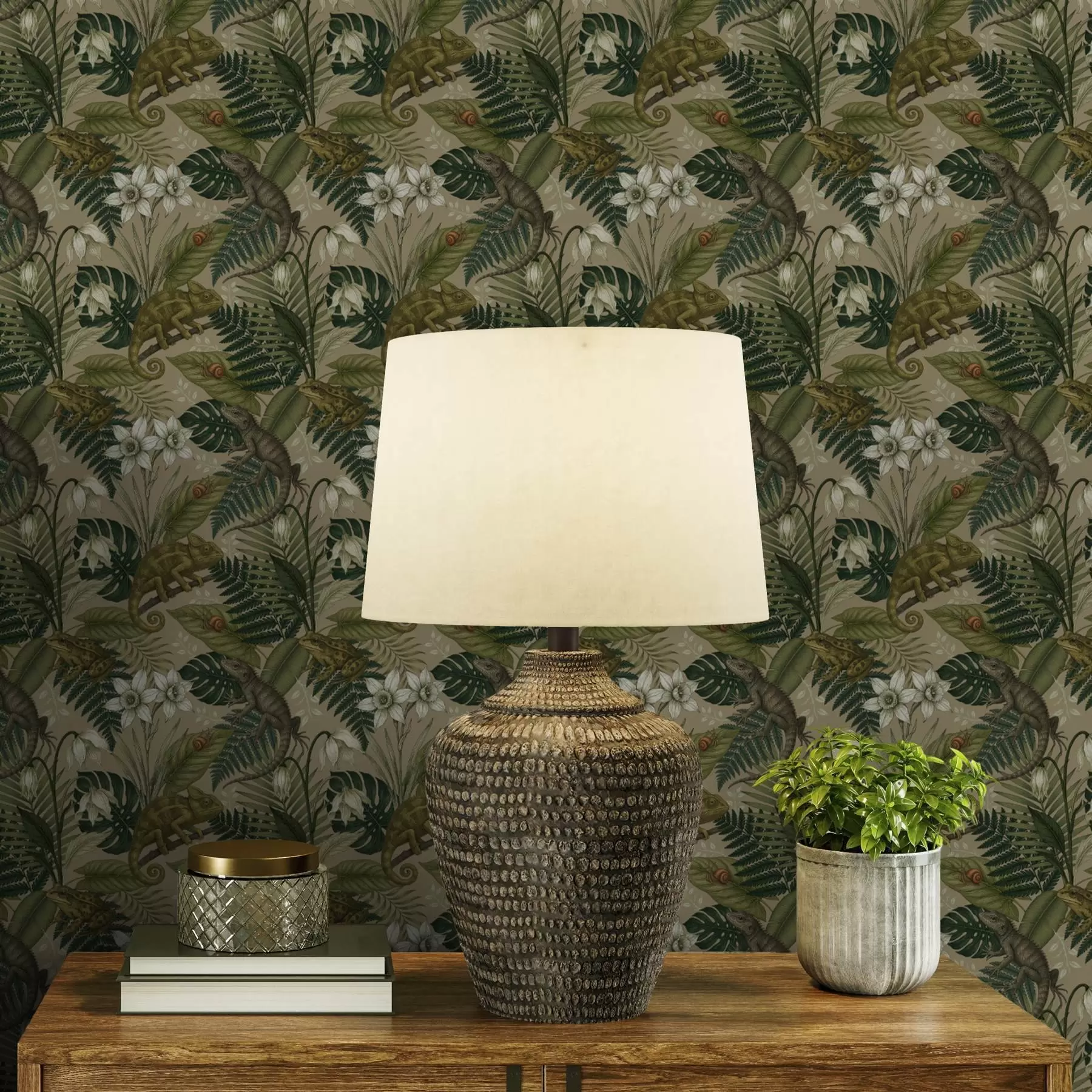 Fototapet Kameleonter och tropiska blad, vita blommor, beige bakgrund a00608