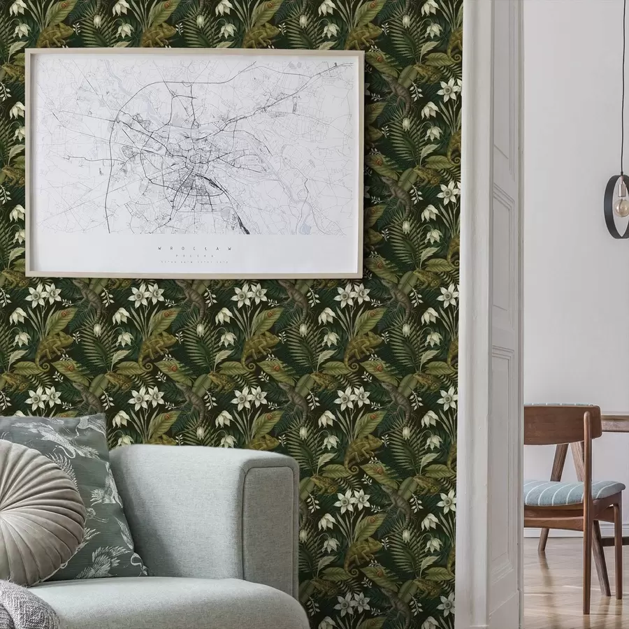 Fototapet Kameleonter och tropiska blad, vita blommor, mörk mark a00608v1