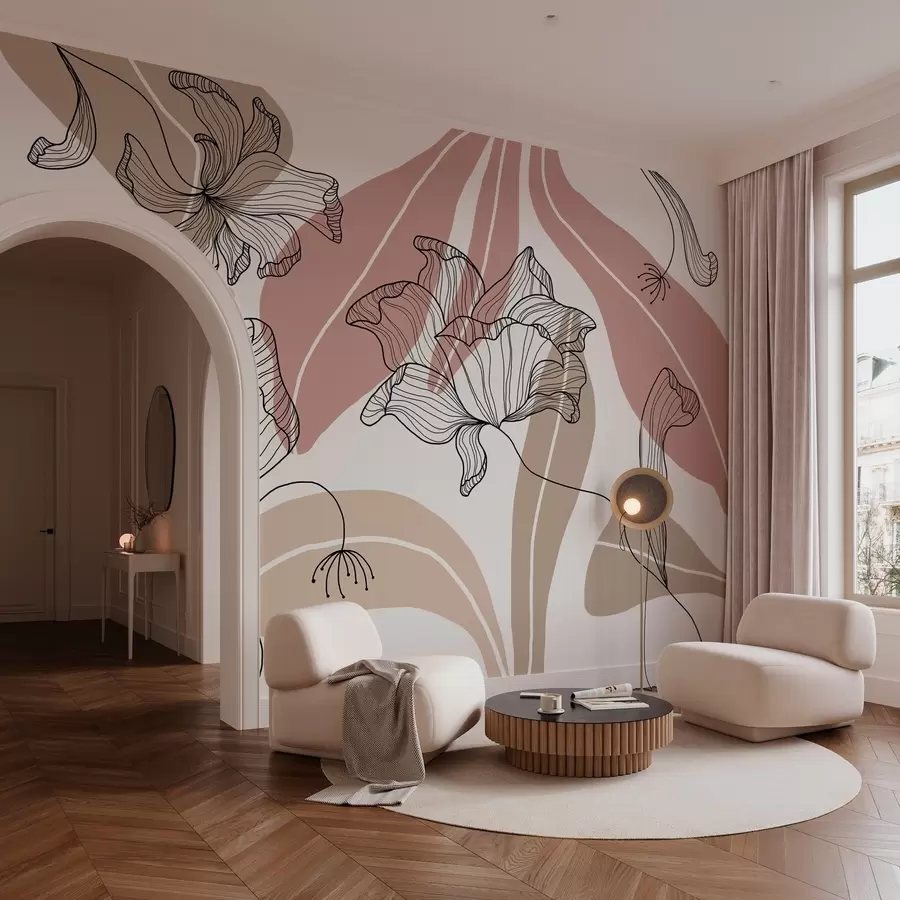 Fototapet abstrakta blad och blommor i puderfärgade och beige toner w04499