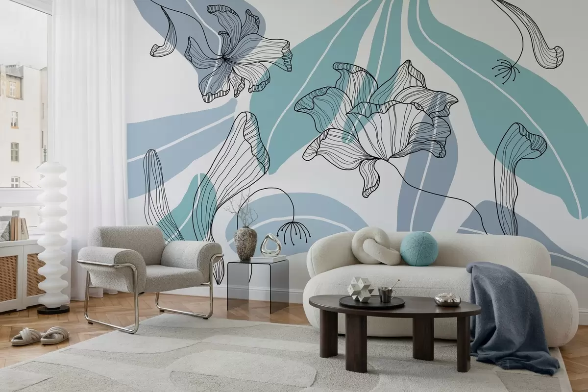 Fototapet abstrakta blad och blommor i blå toner w04499v2