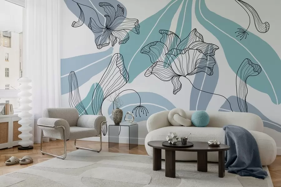 Fototapet abstrakta blad och blommor i blå toner w04499v2