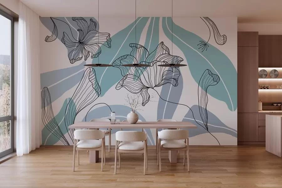 Fototapet abstrakta blad och blommor i blå toner w04499v2