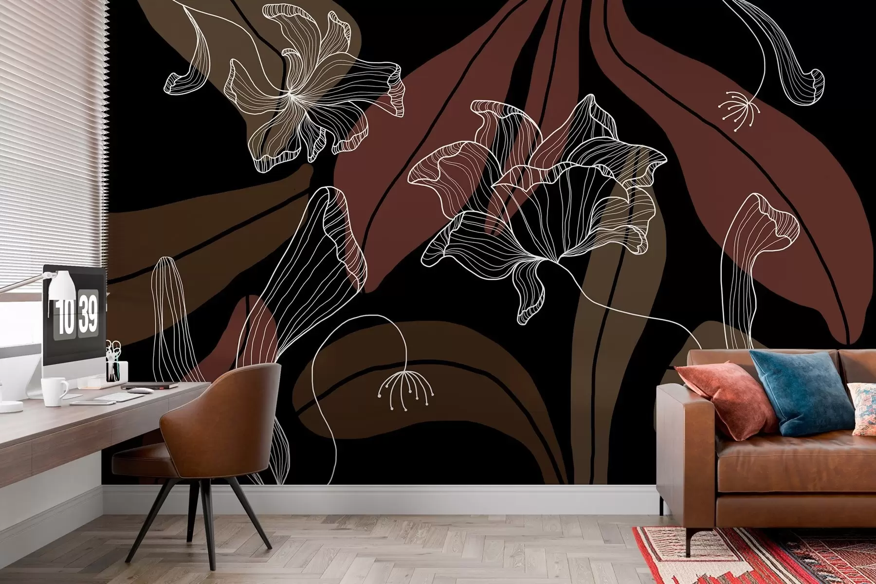 Fototapet abstrakta blad och blommor i puderfärgade och beige toner på mörk bakgrund w04499v3