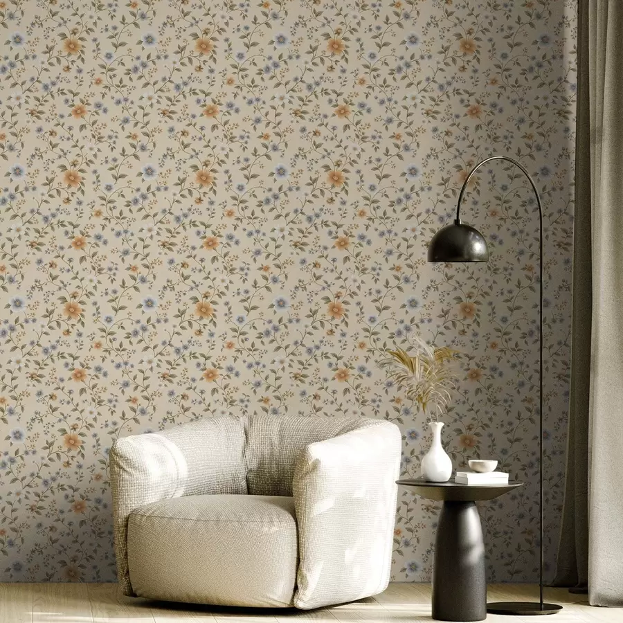 Fototapet Blommiga grenar med blå och persikofärgade blommor a00575