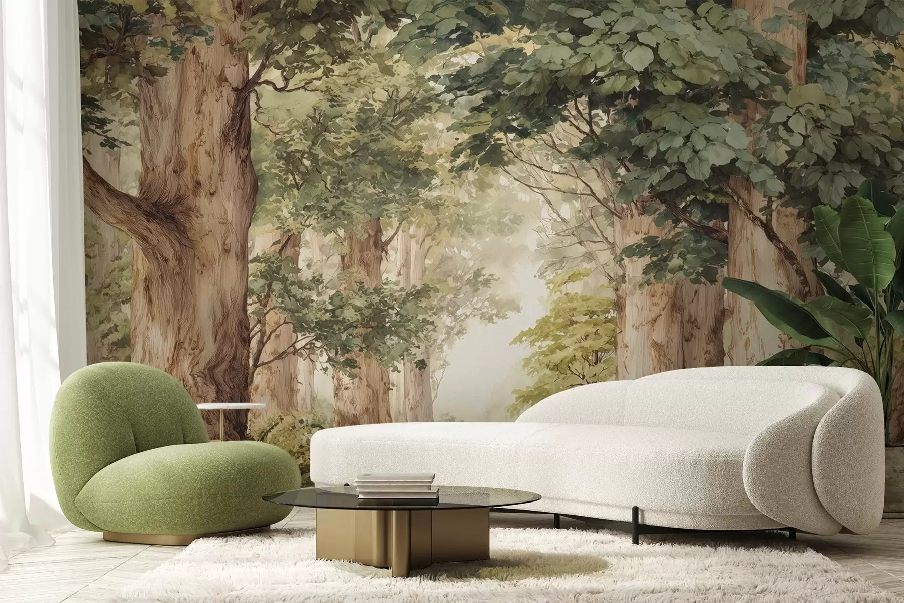 Fototapet Skogsstig bland majestätiska träd i akvarellstil w09404