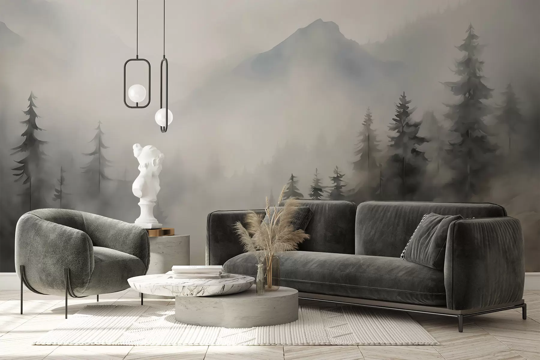 Fototapet Skog i dimman mot bakgrund av berg w04493