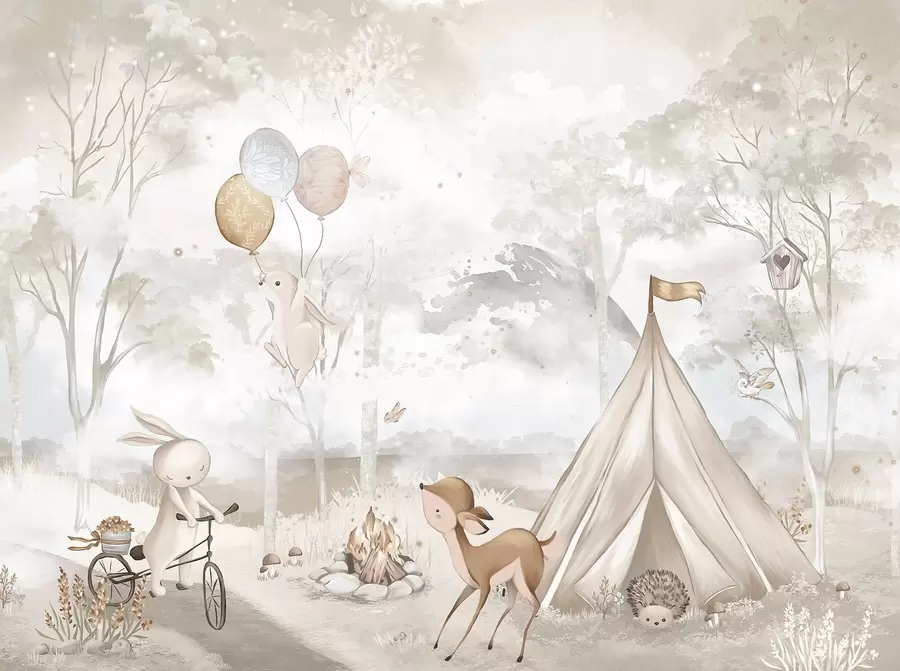 Fototapet Barnläger i varma beige toner, tält och skogsdjur w04671