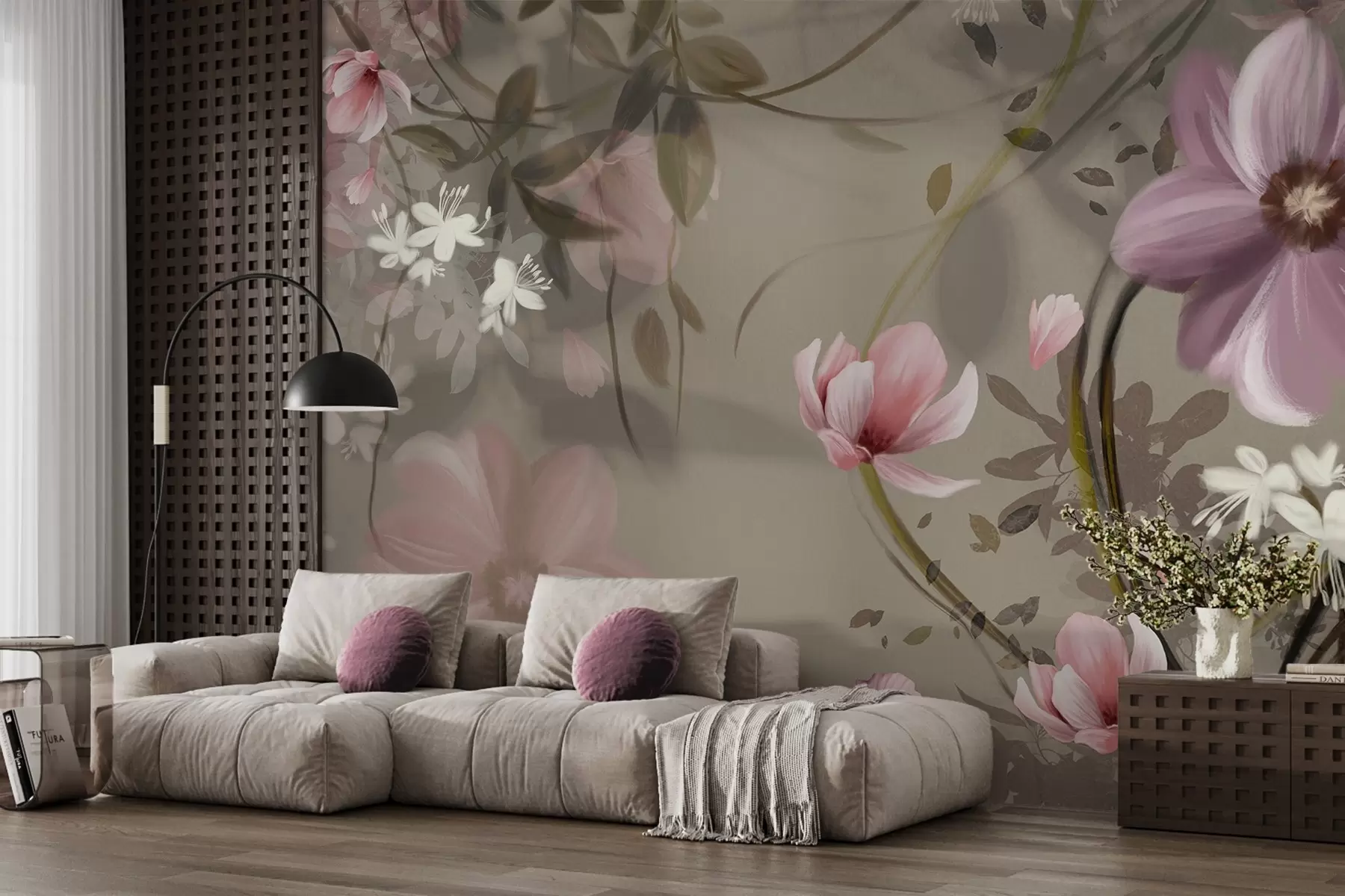Fototapet Rosa och vita blommor med bruna stjälkar och blad, mjuk belysning, dämpade färger, blomsterarrangemang w09417