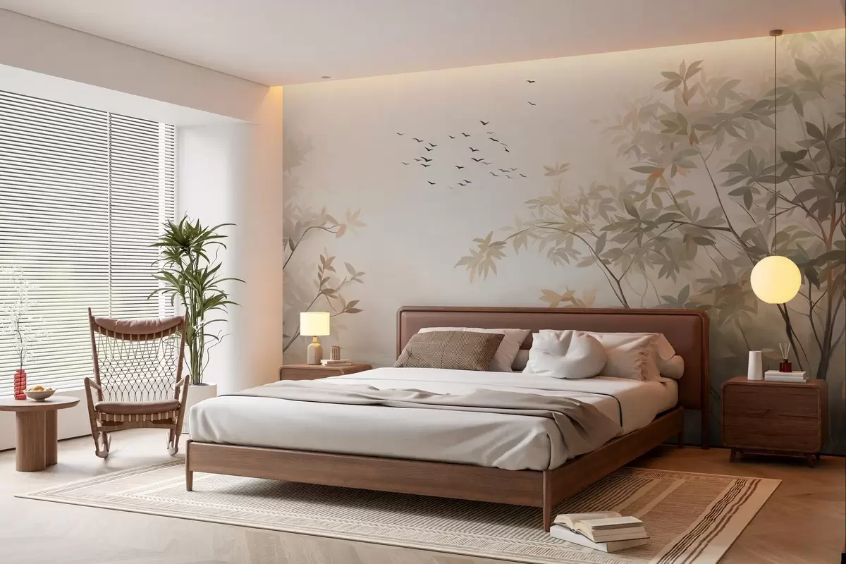 Fototapet Strukturerat landskap med träd och en flock fåglar som flyger i skyn, pastellfärger, naturmotiv  w09418