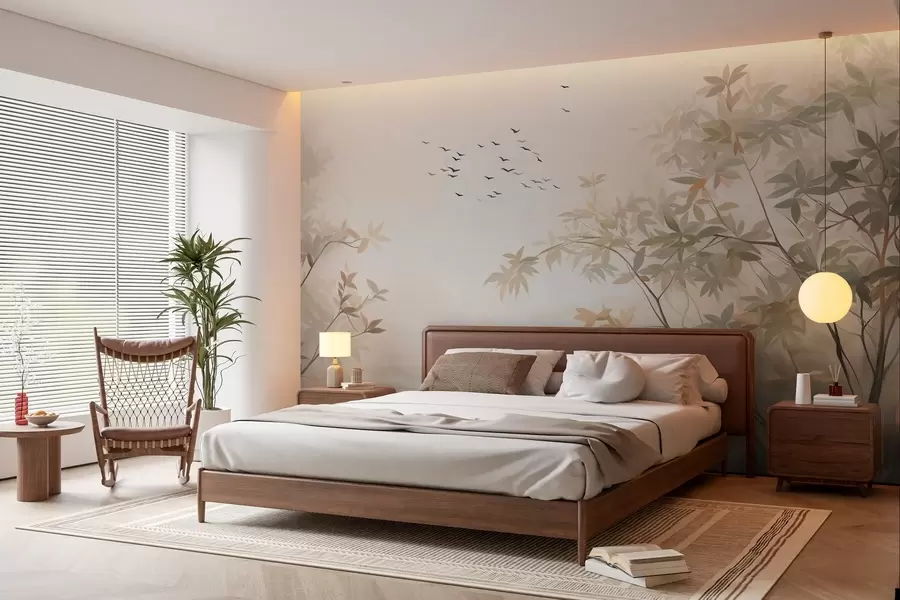 Fototapet Strukturerat landskap med träd och en flock fåglar som flyger i skyn, pastellfärger, naturmotiv  w09418