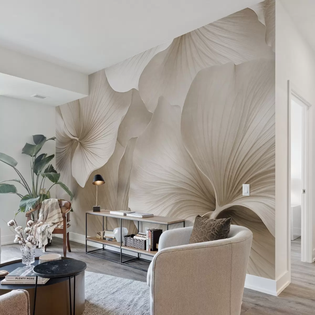 Fototapet Vita och beige ginkgoblad, mjuk textur, abstrakt blommig bakgrund, minimalistisk modern stil w09421v1