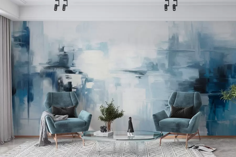 Fototapet Abstrakt texturerad landskapsmålning imitation med blå och vita penseldrag, modern stil w09422