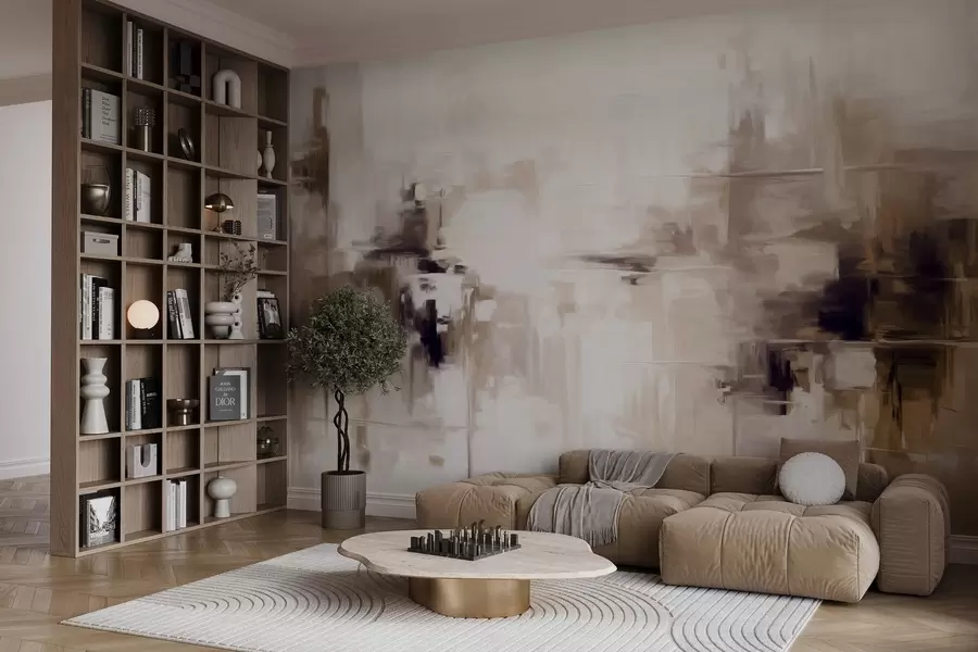 Fototapet Abstrakt texturerad landskapsmålning imitation med bruna och vita penseldrag, modern stil w09422v1