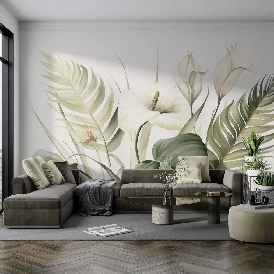 Fototapet Vita callaliljor och gröna tropiska blad, botanisk illustration, ljus bakgrund, vintage-stil, texturerad w09423
