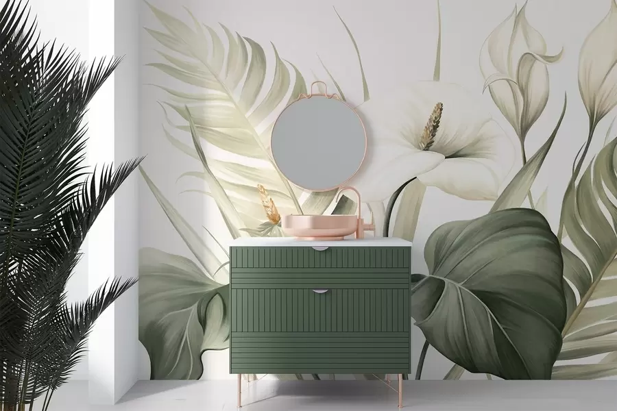 Fototapet Vita callaliljor och gröna tropiska blad, botanisk illustration, ljus bakgrund, vintage-stil, texturerad w09423