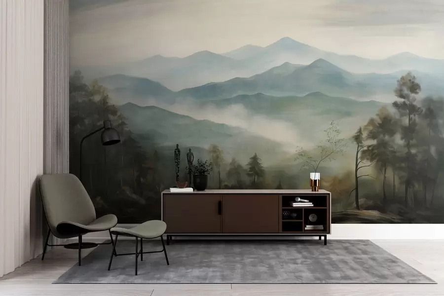 Fototapet Dimma över bergskedjan med träd, molnigt väder, dämpade färger, landskapsmålningsstil w09424