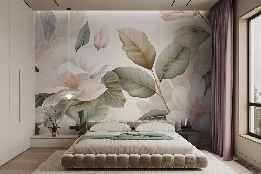 Fototapet Magnoliablommor med blad i pastellfärger, vitt, rosa och grönt, mjuka, delikata, akvarellstil w09427