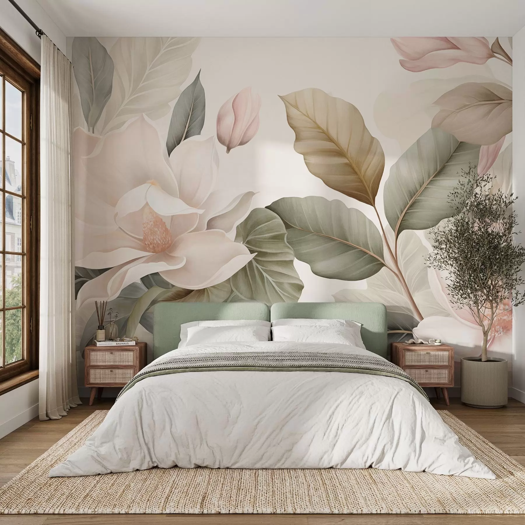 Fototapet Magnoliablommor med blad i pastellfärger, vitt, rosa och grönt, mjuka, delikata, akvarellstil w09427