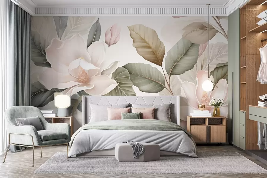 Fototapet Magnoliablommor med blad i pastellfärger, vitt, rosa och grönt, mjuka, delikata, akvarellstil w09427