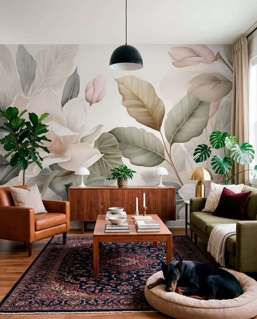 Fototapet Magnoliablommor med blad i pastellfärger, vitt, rosa och grönt, mjuka, delikata, akvarellstil w09427