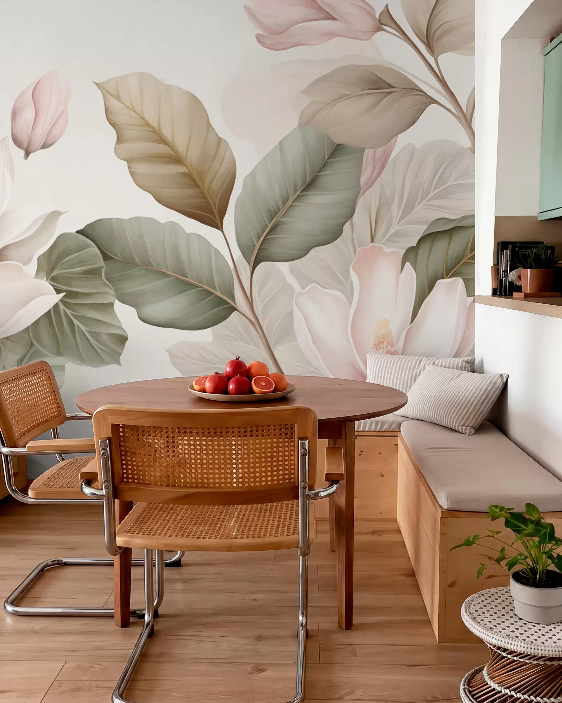 Fototapet Magnoliablommor med blad i pastellfärger, vitt, rosa och grönt, mjuka, delikata, akvarellstil w09427