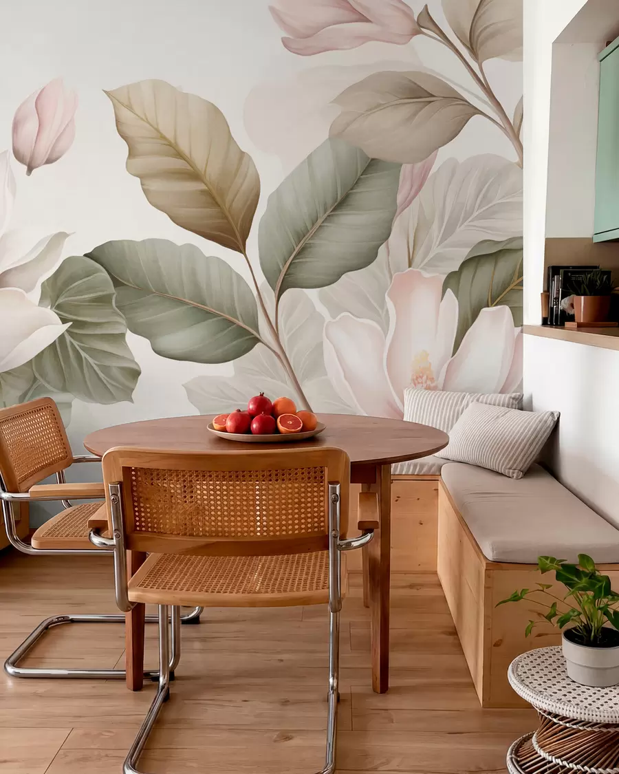 Fototapet Magnoliablommor med blad i pastellfärger, vitt, rosa och grönt, mjuka, delikata, akvarellstil w09427