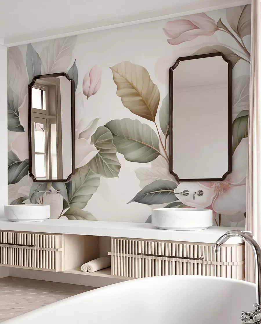 Fototapet Magnoliablommor med blad i pastellfärger, vitt, rosa och grönt, mjuka, delikata, akvarellstil w09427
