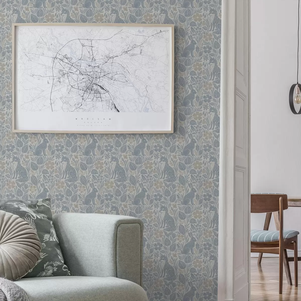 Bakgrund Skogens djur och blommor: räv och hare i blå toner a00613