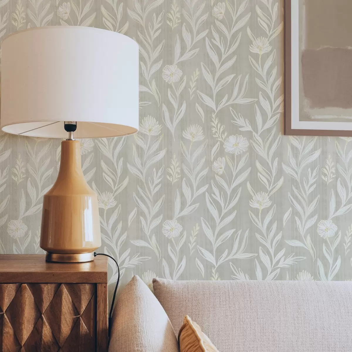 Bakgrund Ljusa gräs och blommor på beige, skissartade linjer a00618