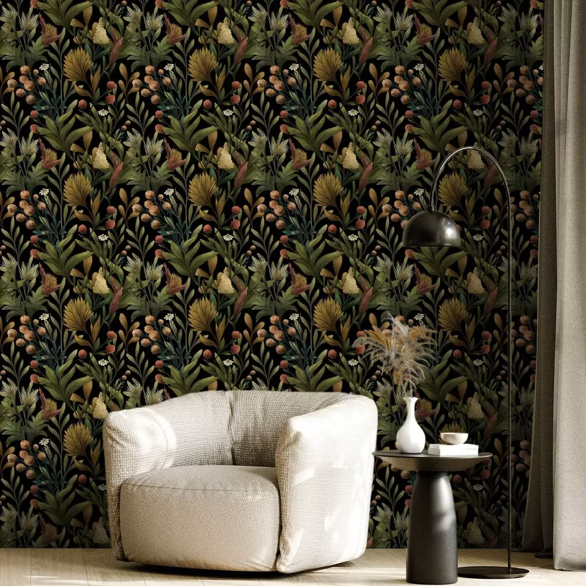 Bakgrund Botanisk trädgård på svart bakgrund, varm höstpalett a00619