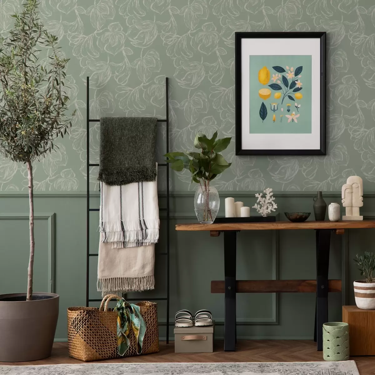 Bakgrund Linjära stora blommor, kritstreck på salviagrön bakgrund a00625v1