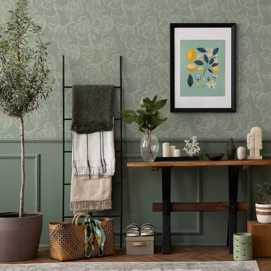 Fototapet Linjära stora blommor, kritstreck på salviagrön bakgrund a00625v1