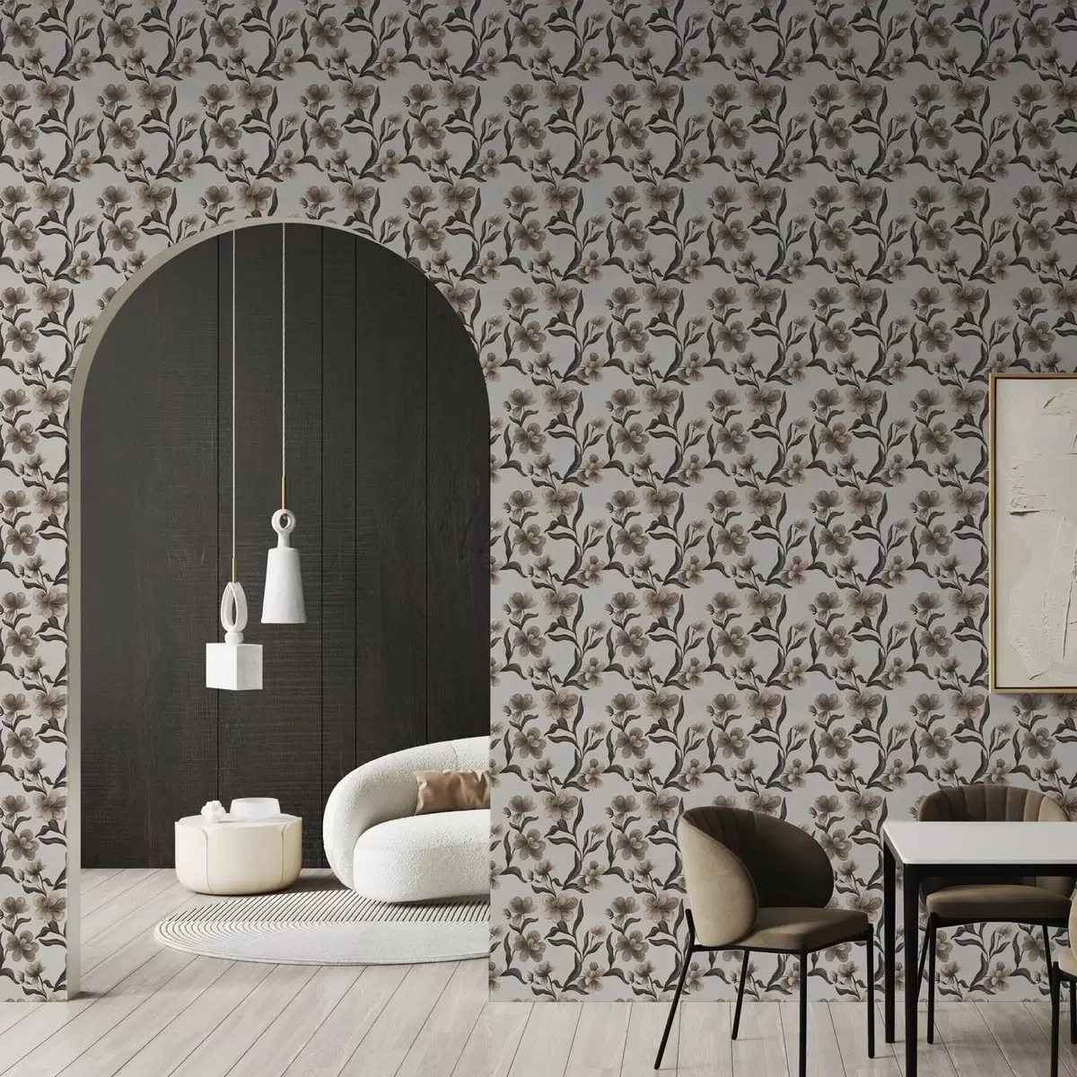 Bakgrund Beige blommor och mörka grenar på en ljusgrå bakgrund a00626v1