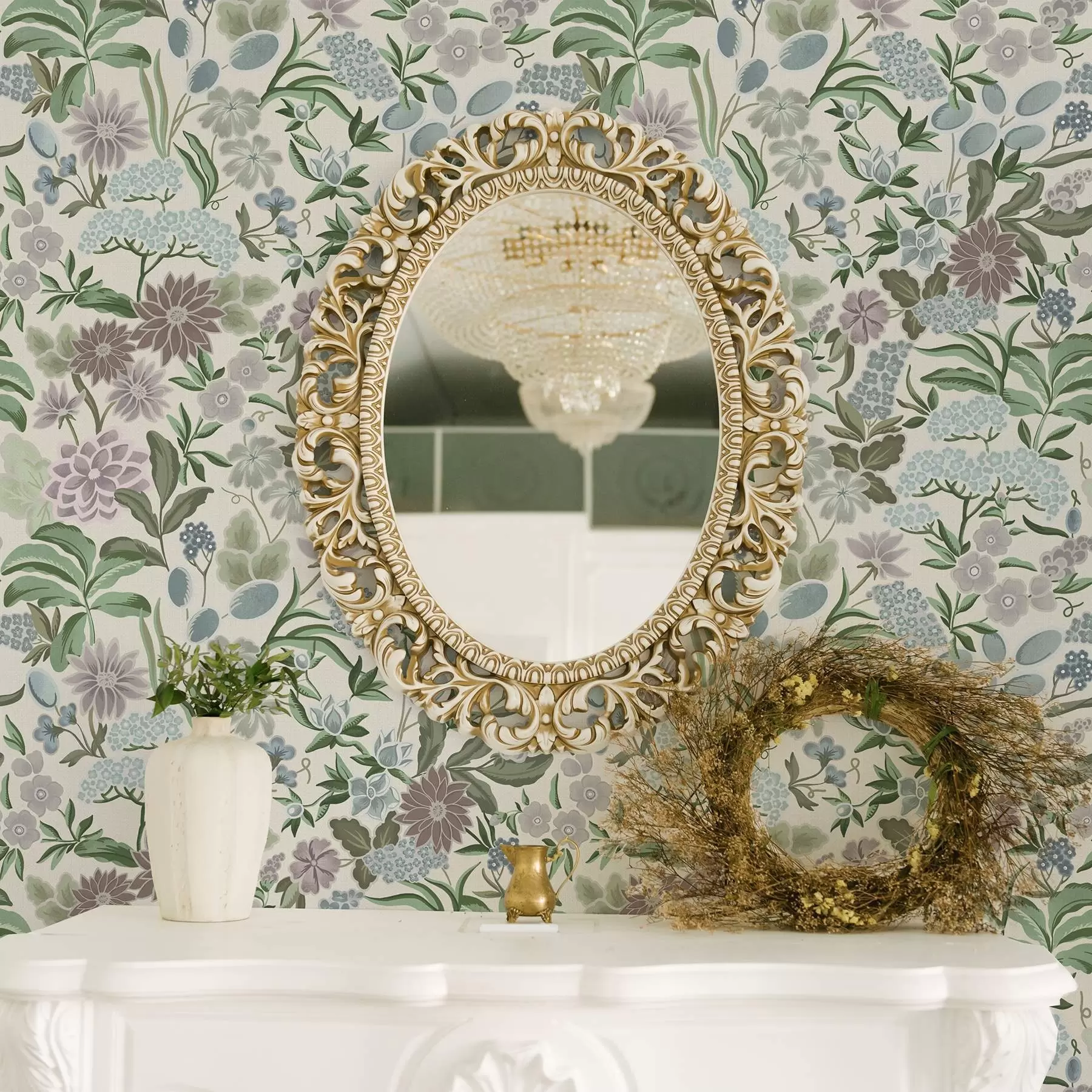 Fototapet Pastellfärgade blommor och bladverk i en mintblå färgskala a00642