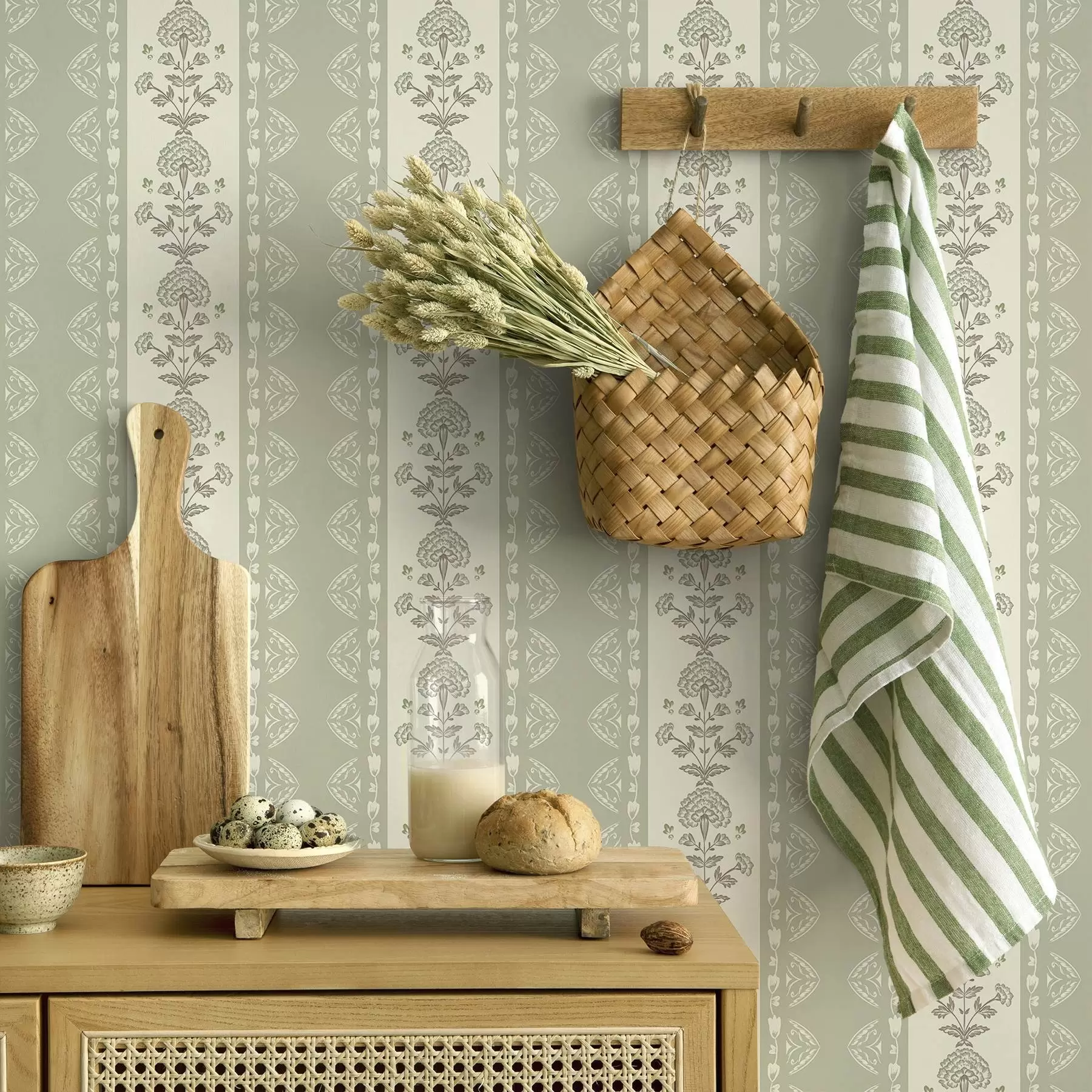 Fototapet Randigt ornament med blommiga kolumner i salviatoner a00719