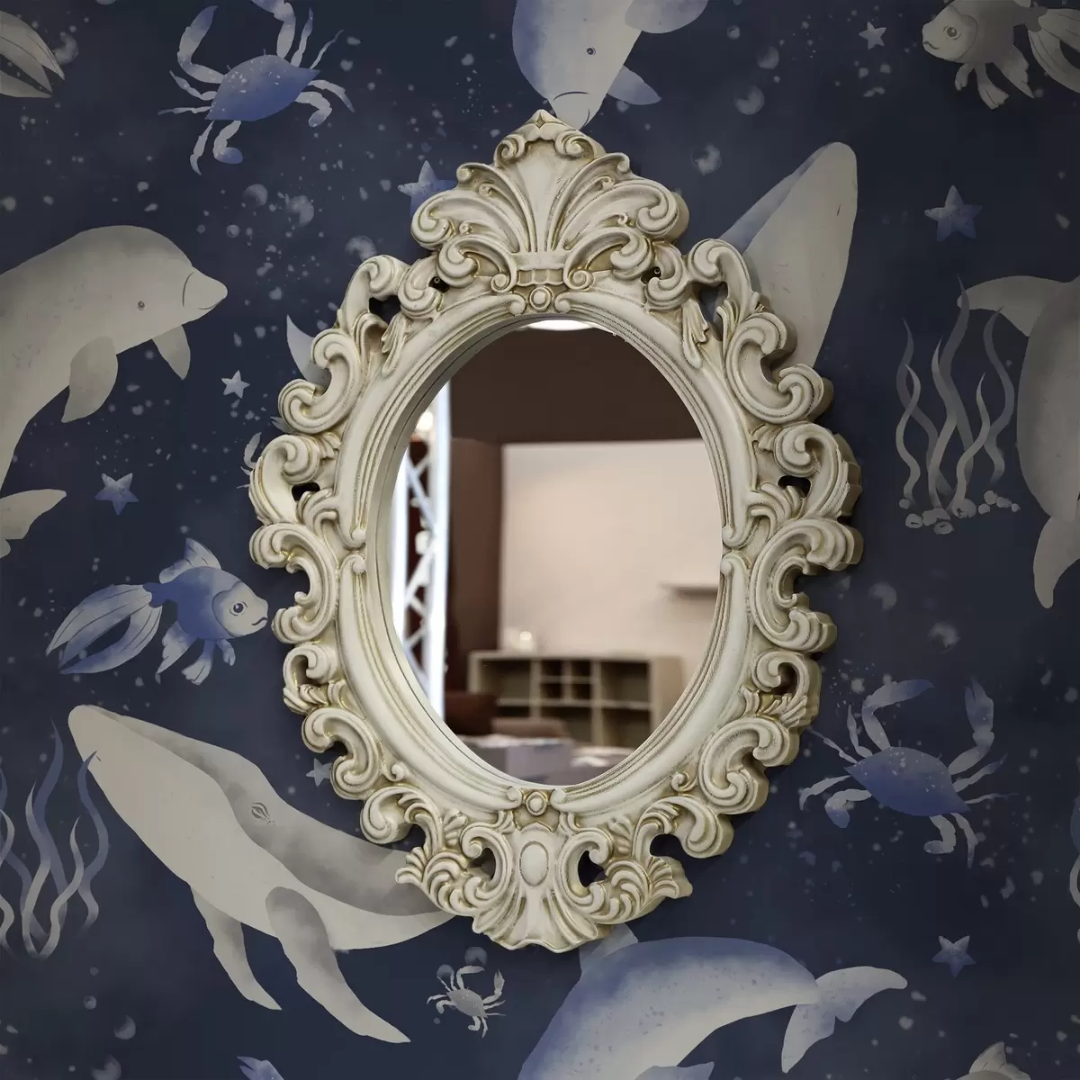 Bakgrund Havssvalar, delfiner och krabbor på mörkblå bakgrund a00720