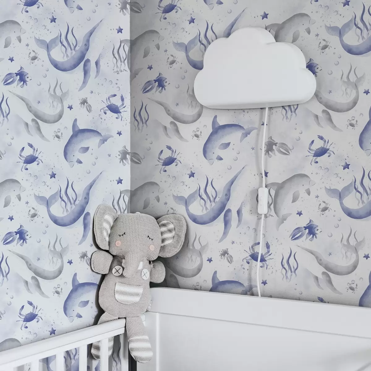 Bakgrund Havssvalar och delfiner i blå toner på vit bakgrund a00720v1