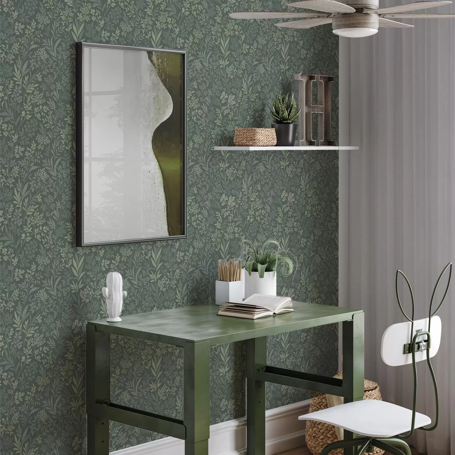 Fototapet Smaragdgröna gräs och bär, fint botaniskt mönster a00740