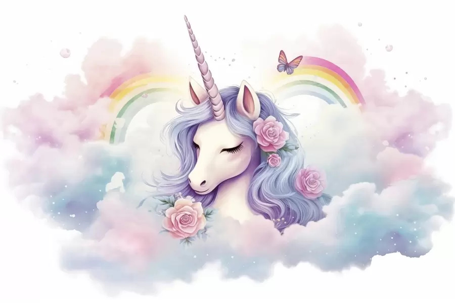 Fototapet Pastellfärgad enhörning i moln med regnbåge och rosor w03990