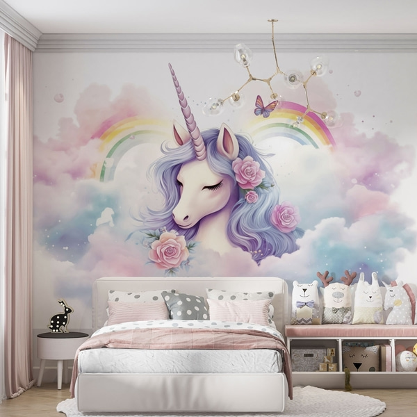 Fototapet Pastellfärgad enhörning i moln med regnbåge och rosor, Fototapet Barns, Fototapet Baby Unicorns, w03990 : Uwalls.se