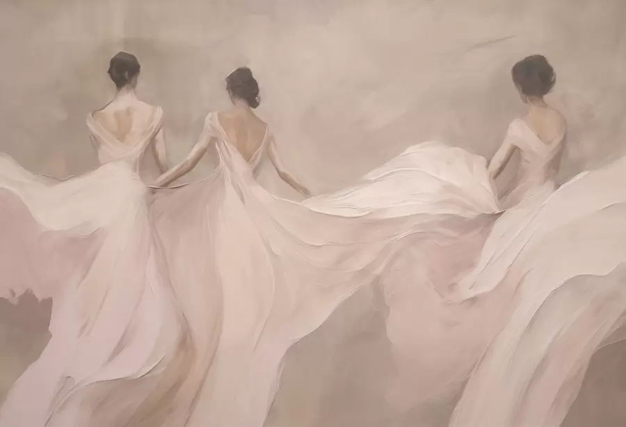 Fototapet Tre kvinnor i rosa klänningar, flödande tyg, mjukhet w04709