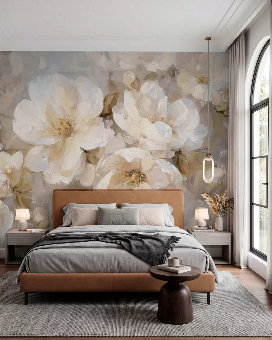 Fototapet stora blommor i vita och beige toner i oljemålningsstil w04633