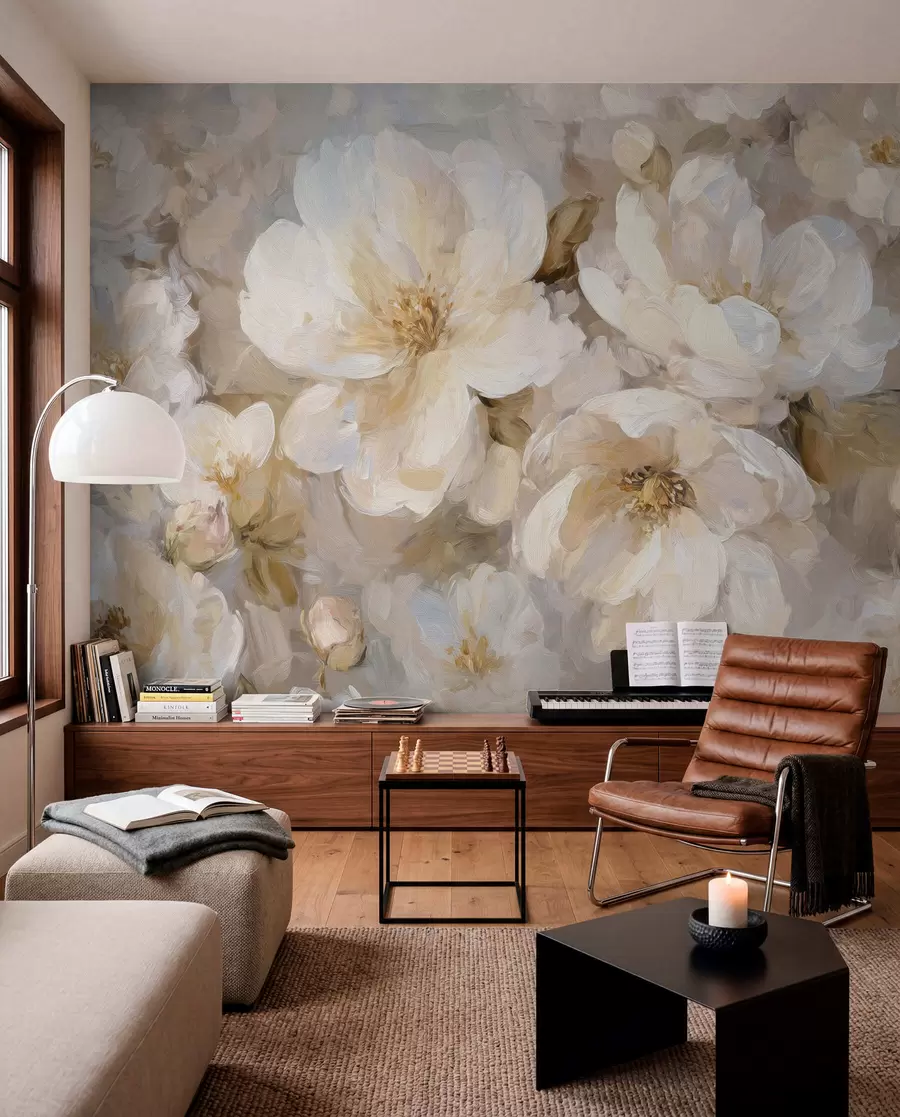 Fototapet stora blommor i vita och beige toner i oljemålningsstil w04633