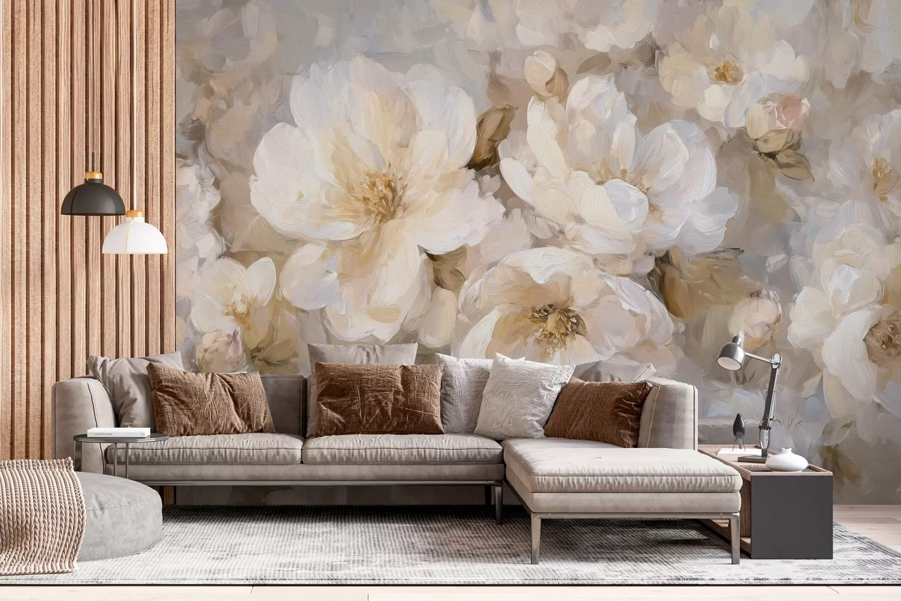 Fototapet stora blommor i vita och beige toner i oljemålningsstil w04633