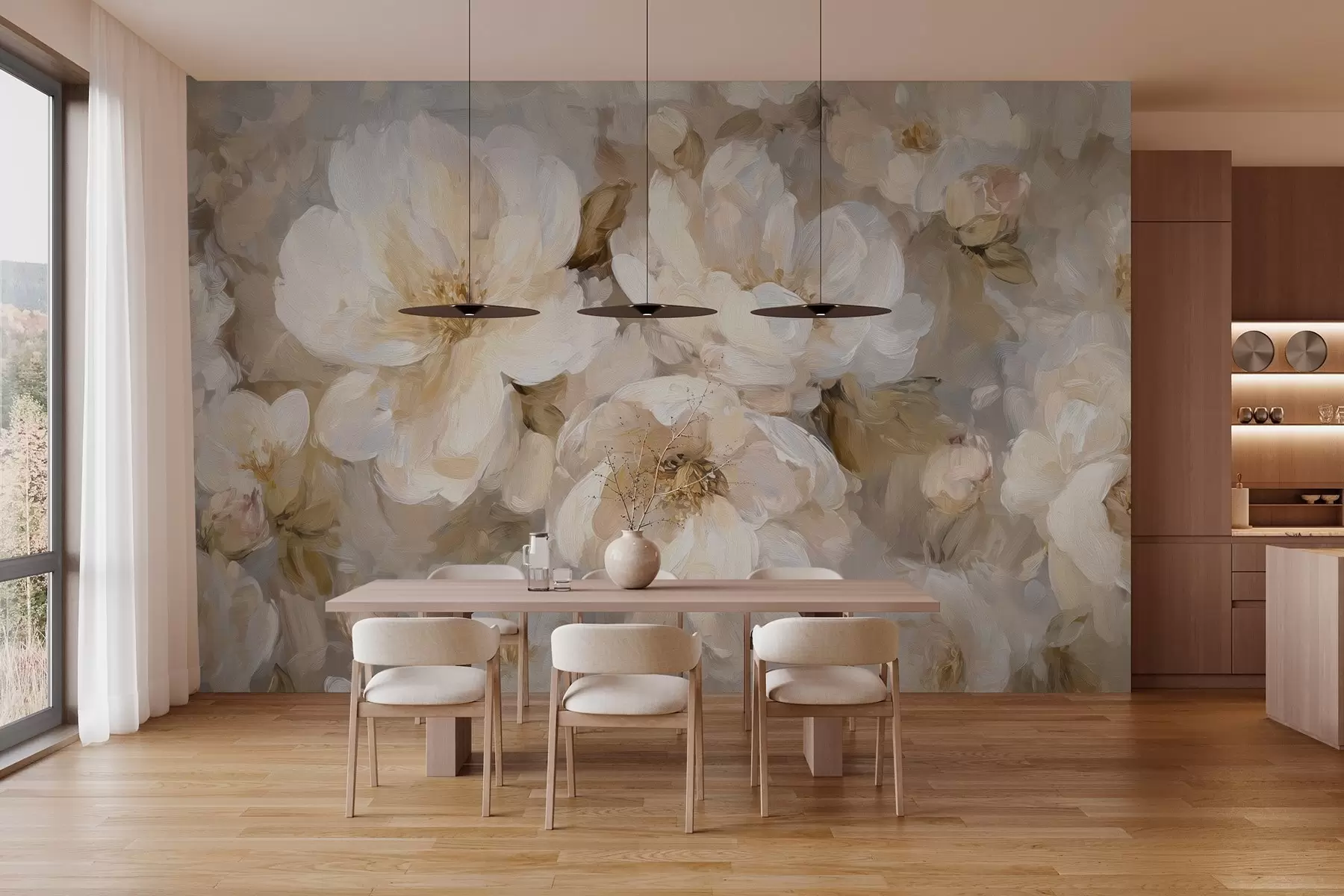 Fototapet stora blommor i vita och beige toner i oljemålningsstil w04633