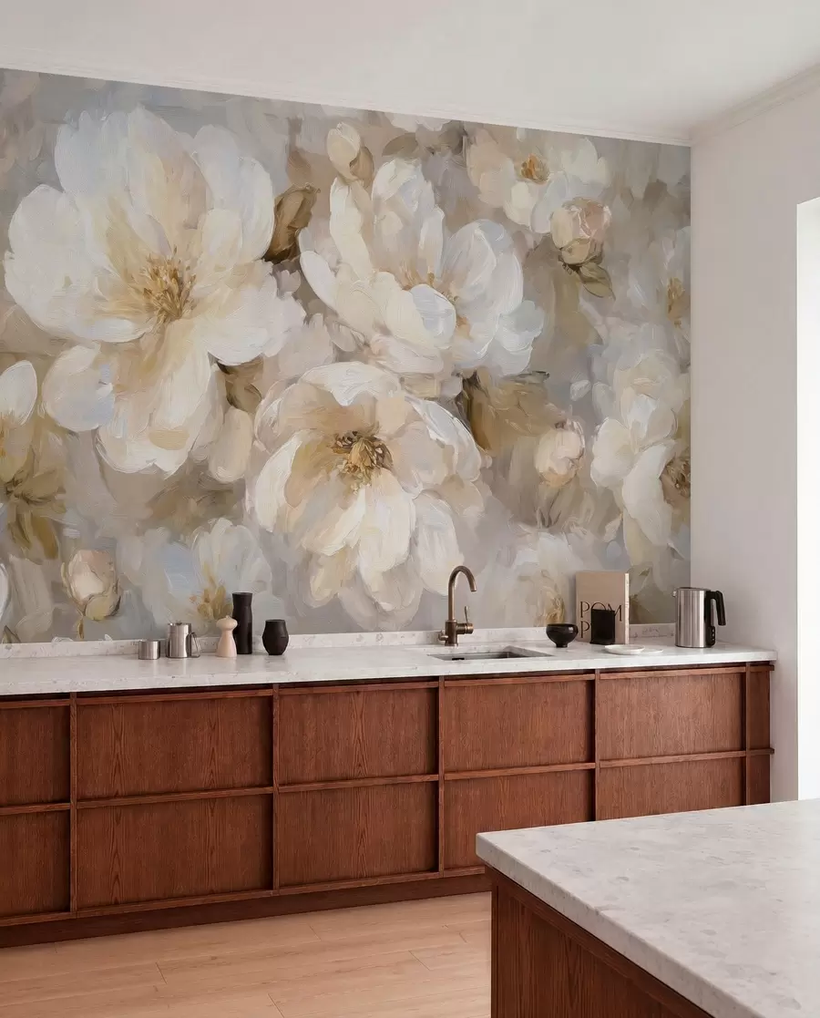 Fototapet stora blommor i vita och beige toner i oljemålningsstil w04633